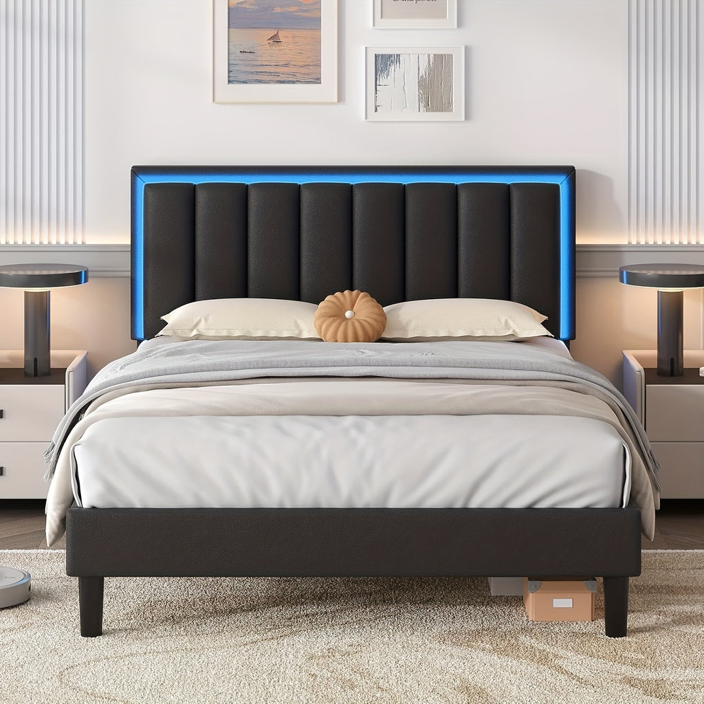 Twin Full Queen Size Bed Frame with LED Lights, Upholstered Queen Size Bed Frame with Headboard And Footboard, Heavy Duty Wood And Metal Slats Support, Noise-Free, No Box Spring Needed, Queen Bed Easy Assembly, Black, White, Pink