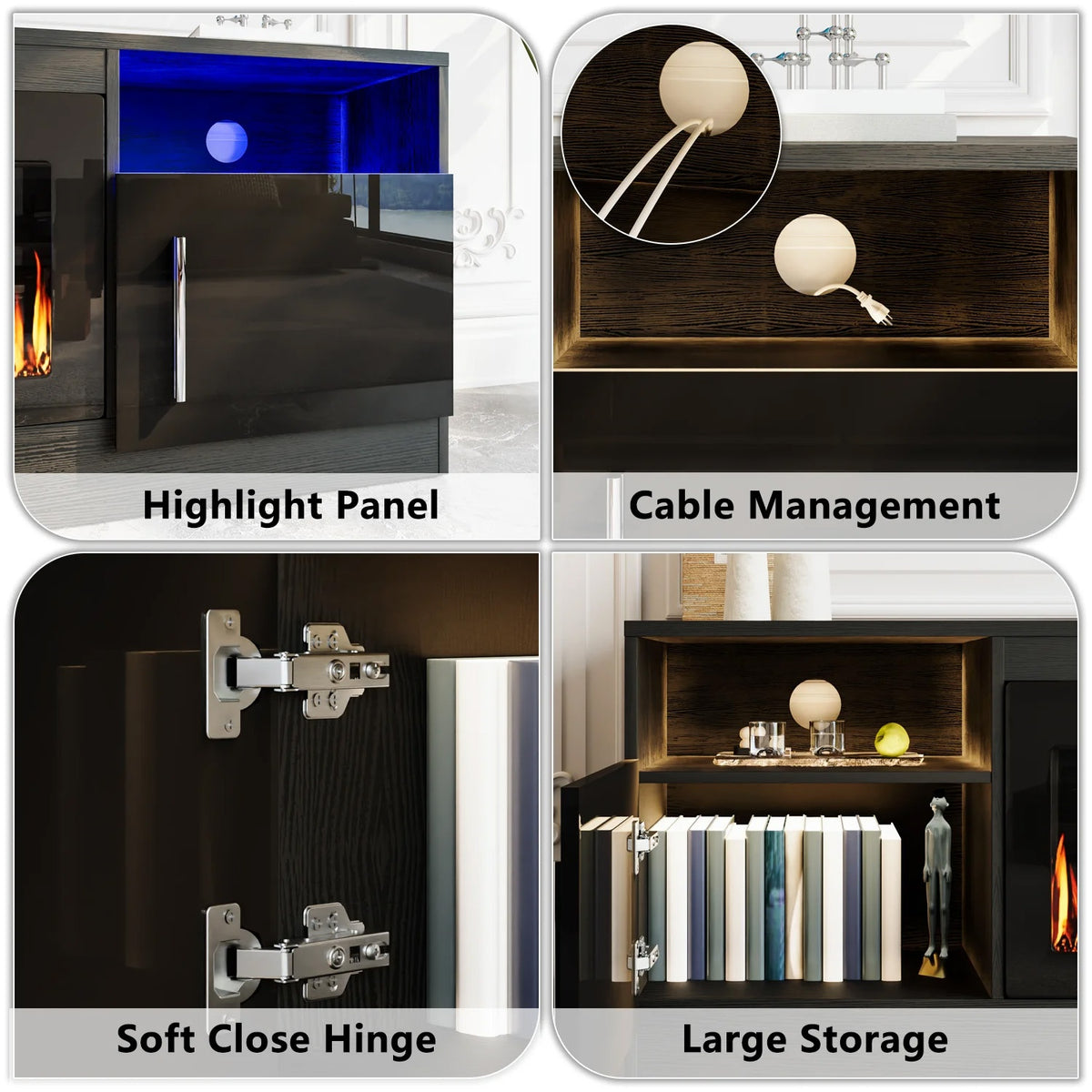 80" TV Stand Fireplace with 36" inch Electric Fireplace Up to 90" TVs, LED Light Entertainment Center, 80" Modern Wood High Gloss with Highlight Storage Cabinet for Living Room