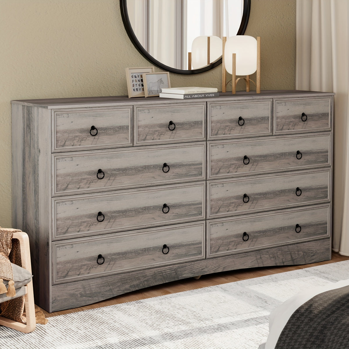 Prompt Taupe Grey/ Cherry Dresser For Bedroom, 10 Drawer Dresser, Modern Large Floor Storage Cabinet With Metal Sliding Rail, Vintage Handle Drawer Cabinet, Large Capacity Vertical Dressers For Home & Office