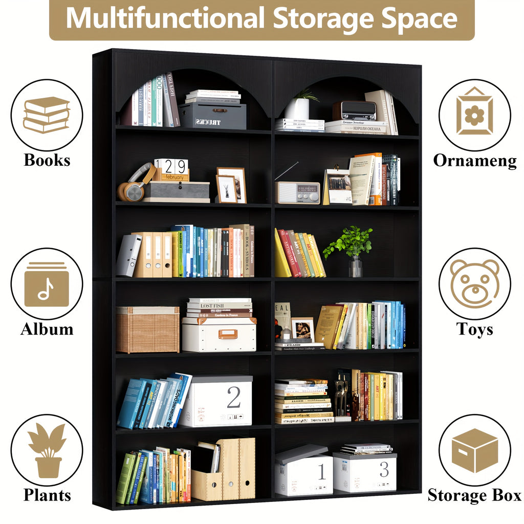 7-Tier Vertical Shelf with Curved Baffle, Tall And Double Wide Bookcase Modern Open Display Shelves Bookshelf for Home Office Living Room, Black, Standing Shelf