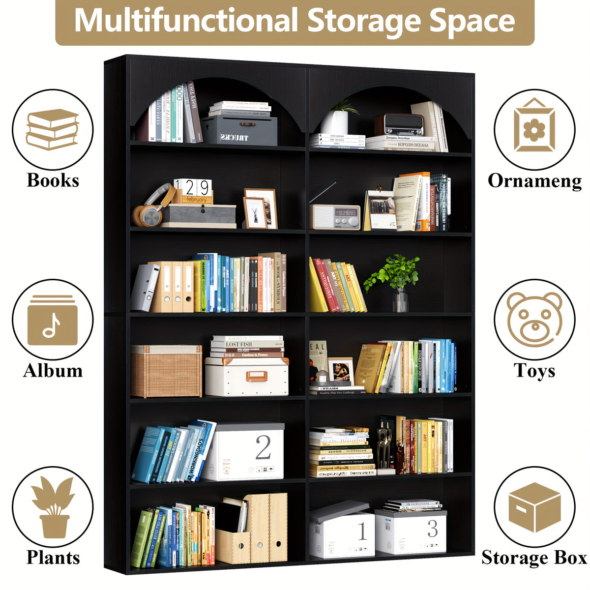 7-Tier Vertical Shelf with Curved Baffle, Tall And Double Wide Bookcase Modern Open Display Shelves Bookshelf for Home Office Living Room, Black, Standing Shelf