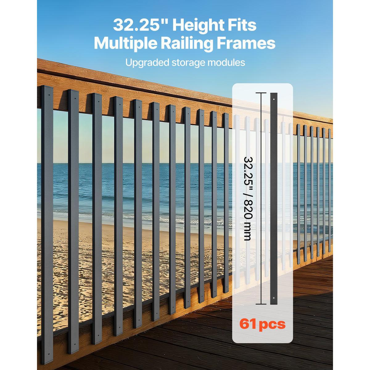 VEVOR 61 Pack Deck Balusters, 32.28 in Galvanized Steel Railing Spindles, Hollow Rectangle Metal Decking Stair Balusters with Pre-Drilled Hole, End Caps, Screws, for Deck, Porch & Stair Railing, Black