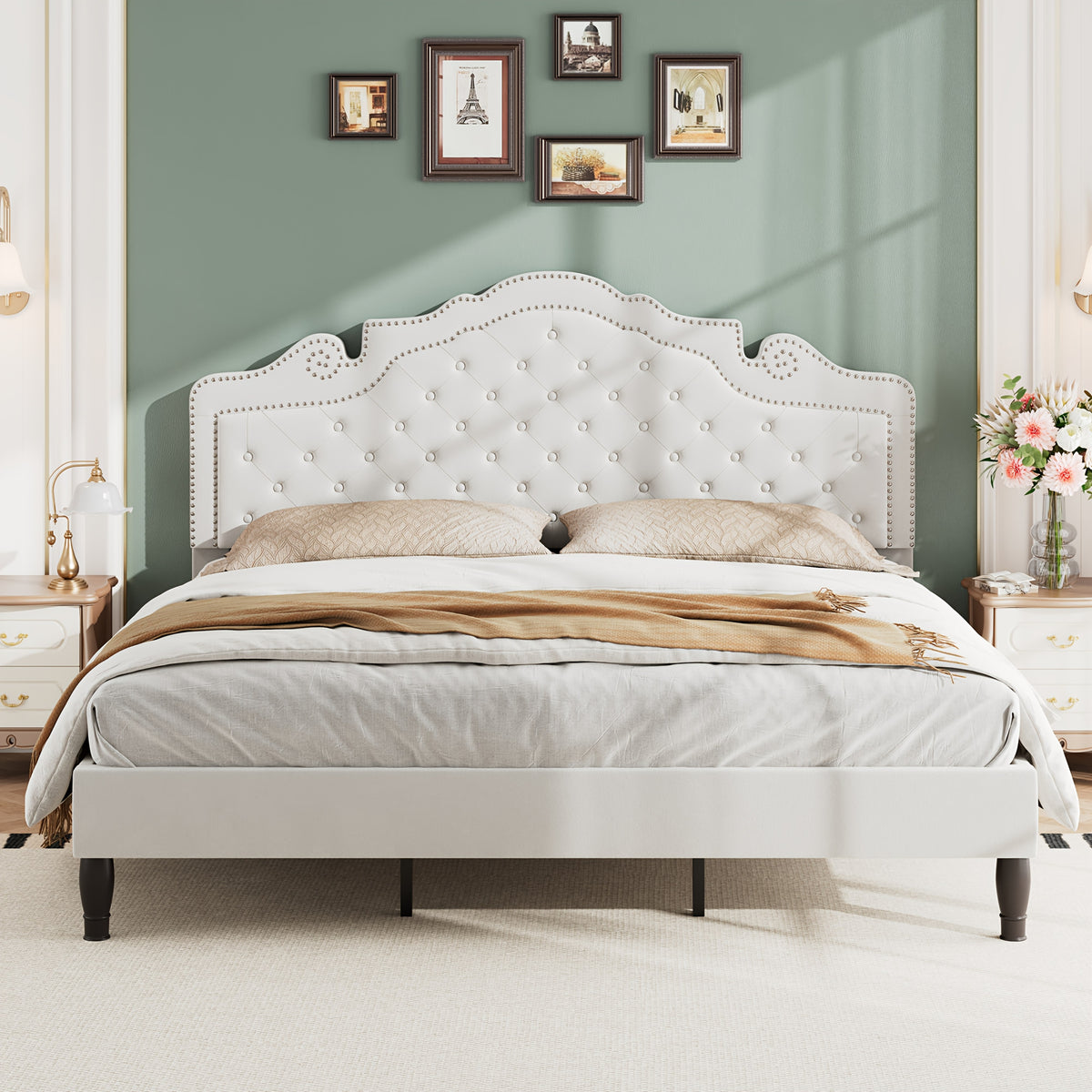 WEEWAY Full/Queen/King Bed Frame with Velvet Adjustable Tiara Curved Headboard And High Resilience, Upholstered Diamond Button Tufted Platform Bed with Wood Slats/No Box Spring Needed/Noise Free/Black/Dark Grey