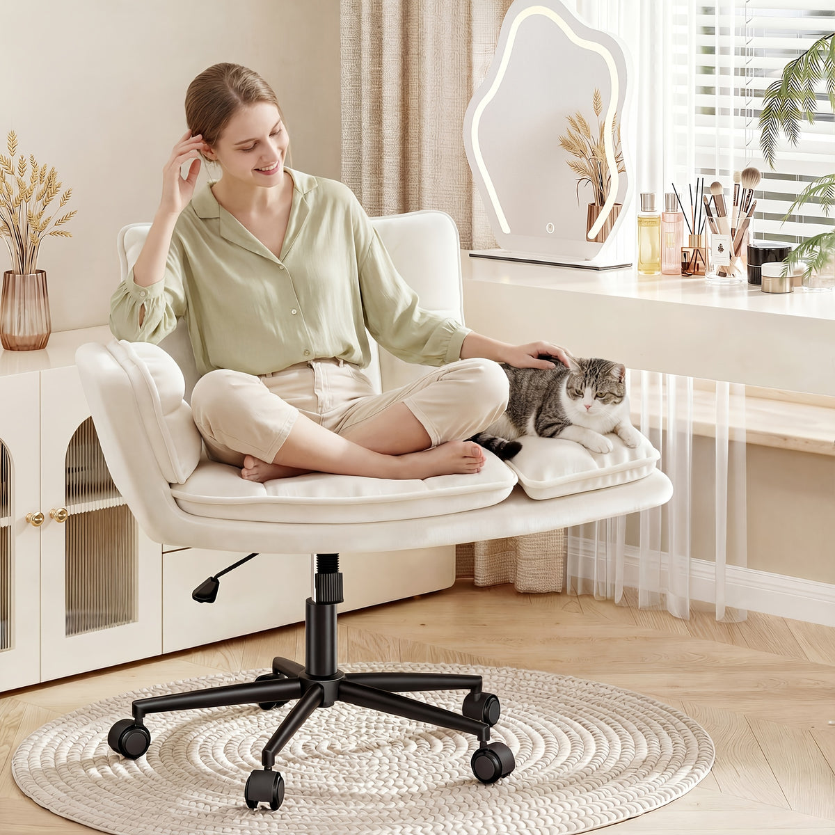 Modern Office Crossover Wheelchair, Luxurious Plush Vanity Chair with Wheels, Adjustable Armrests, Ergonomic Office Chair Suitable for Bedrooms, Computer Makeup Rooms, And Offices, Available in White, Black, Pink, And Gray, Stable And Durable
