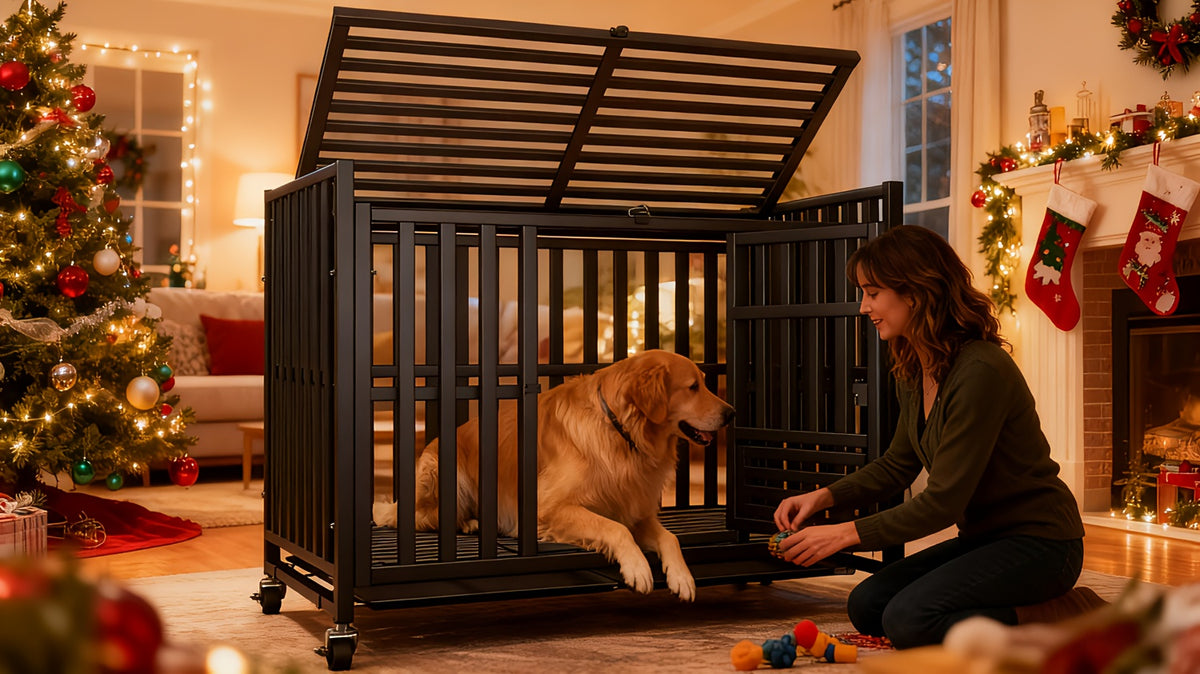 Extra Large Heavy Duty Dog Cage, 43.2 Inch - Indestructible Metal Kennel, Escape-Proof, with Lockable Wheels And Triple Doors, Ideal for High-Anxiety Pets, Indoor/Outdoor Use, High-Anxiety Pet Cage
