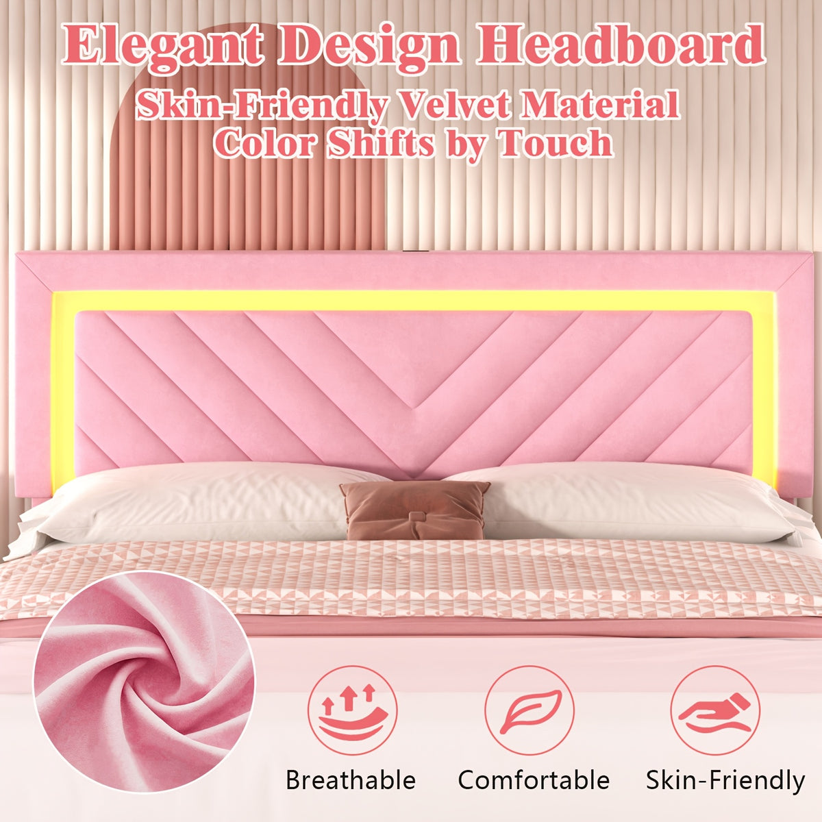 Pink Bed Frame with LED Headboard and Charging Station, 2 Storage Drawers, No Box Spring Needed, Noise Free