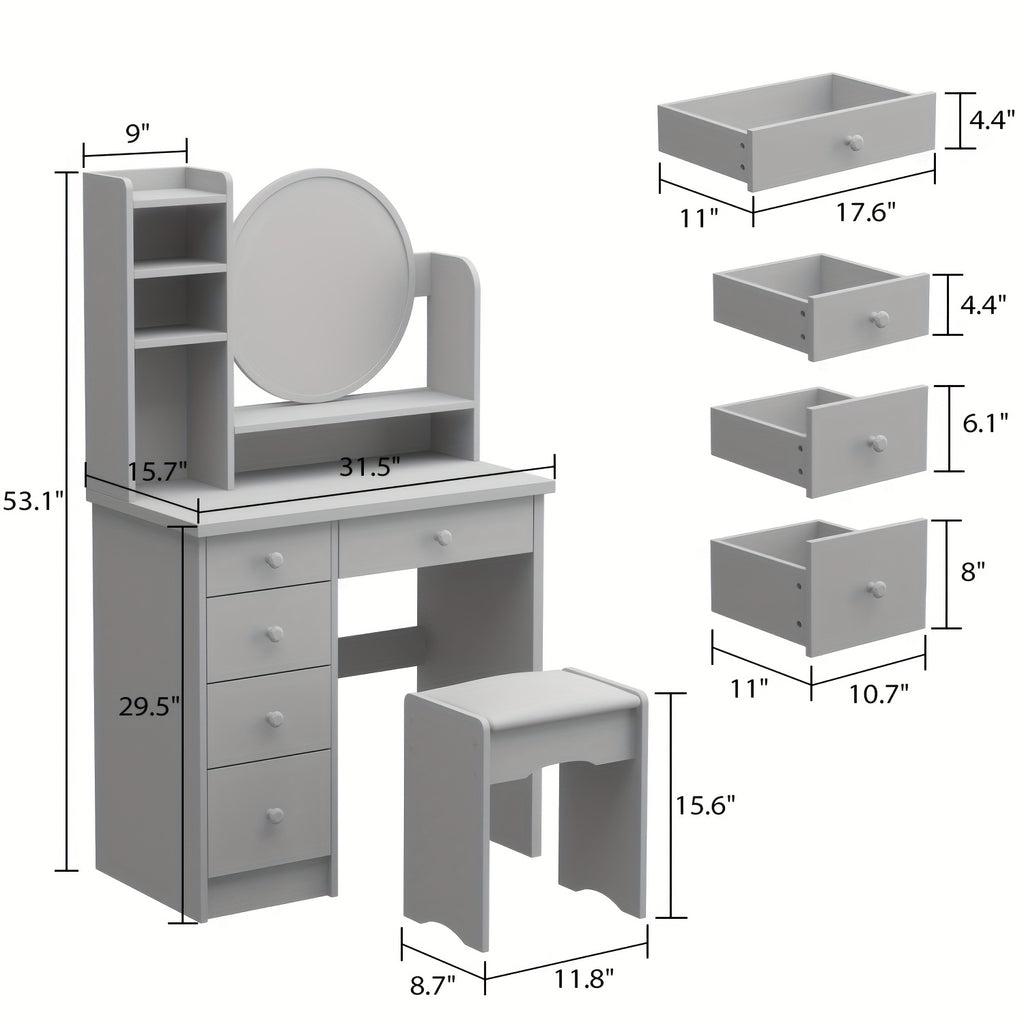 Unique Black Dressing Table Set, With LED Light Mirror, Open Storage Shelves And Stool, Modern Bedroom Dressing Table, Black