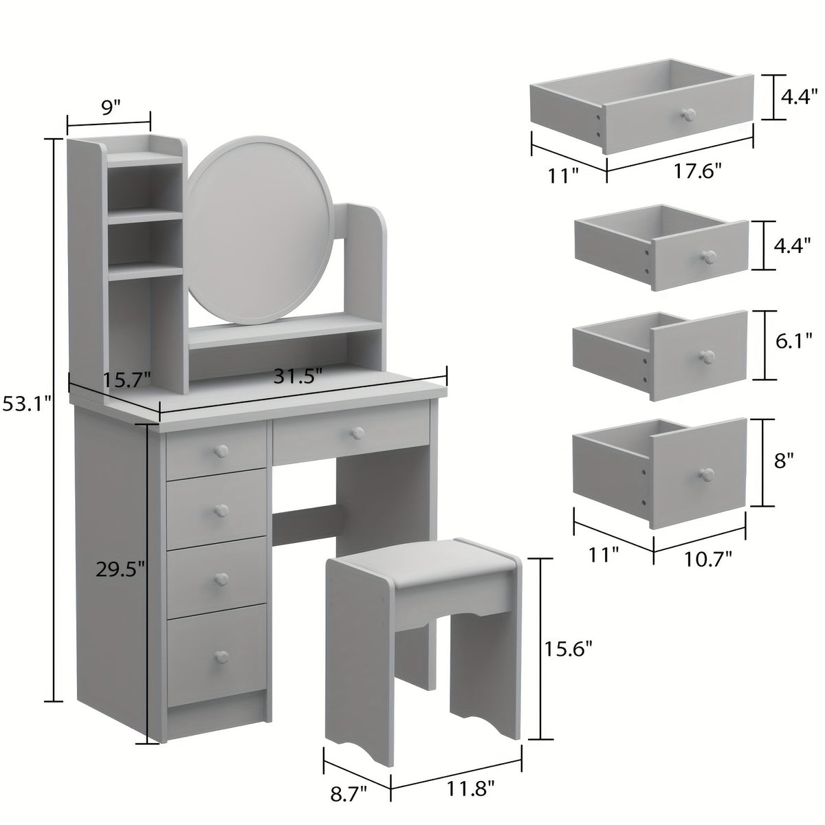 Unique Black Dressing Table Set, With LED Light Mirror, Open Storage Shelves And Stool, Modern Bedroom Dressing Table, Black