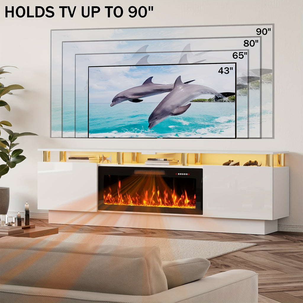 80" Fireplace TV Stand with 36" Fireplace, 2-Tier 80" LED Entertainment Center with Fireplace for Tvs Up to 90", Modern Wood TV Media with Storage Cabinets for Living Room