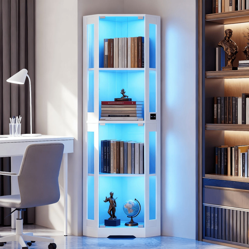 Office Bookshelf with Corner, 4-layer Glass Storage Display Cabinet, with Three LEDs and Human Body Sensor, Can Store Figures, Books, Documents, Medals, Suitable for Living Room, Bedroom, Office