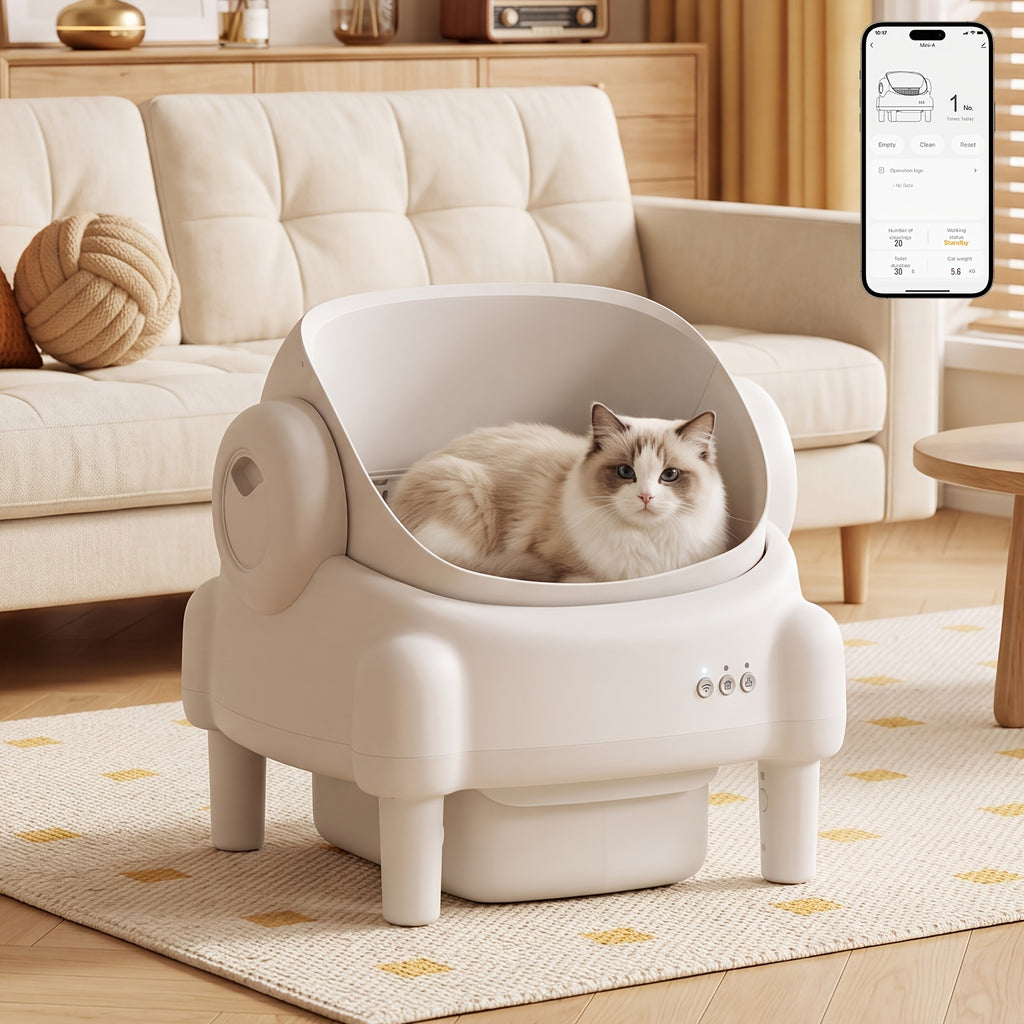 ECORUI Self Cleaning Litter Box, Automatic with App Control for Multiple Cats, Safety Sensors, Odor Control, Large Waste Bin, Includes 2 Liners, Cream White, Certified Refurbished