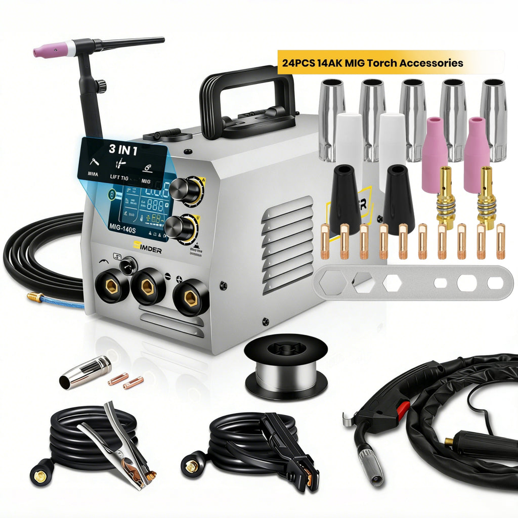 MIG Welder 3 In 1 MIG/ARC/Lift TIG Welder With 24pcs 14AK MIG Welding Accessories, 110V 140A Smart LCD MIG-140S Welding Machine with TIG Torch, ARC Force, IGBT Inverter, Automatic Wire Feeding, Stable Arc, Intelligent Cooling and Overload Protection, Perf