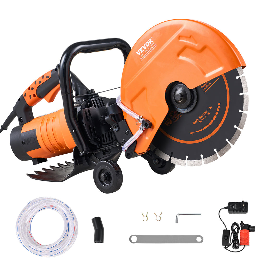 VEVOR Electric Concrete Saw, 12 in, 1800 W Motor Circular Saw Cutter with Max. 4.5 in Adjustable Cutting Depth, Wet Disk Saw Cutter Includes Water Line, Pump and Blade, for Stone, Brick
