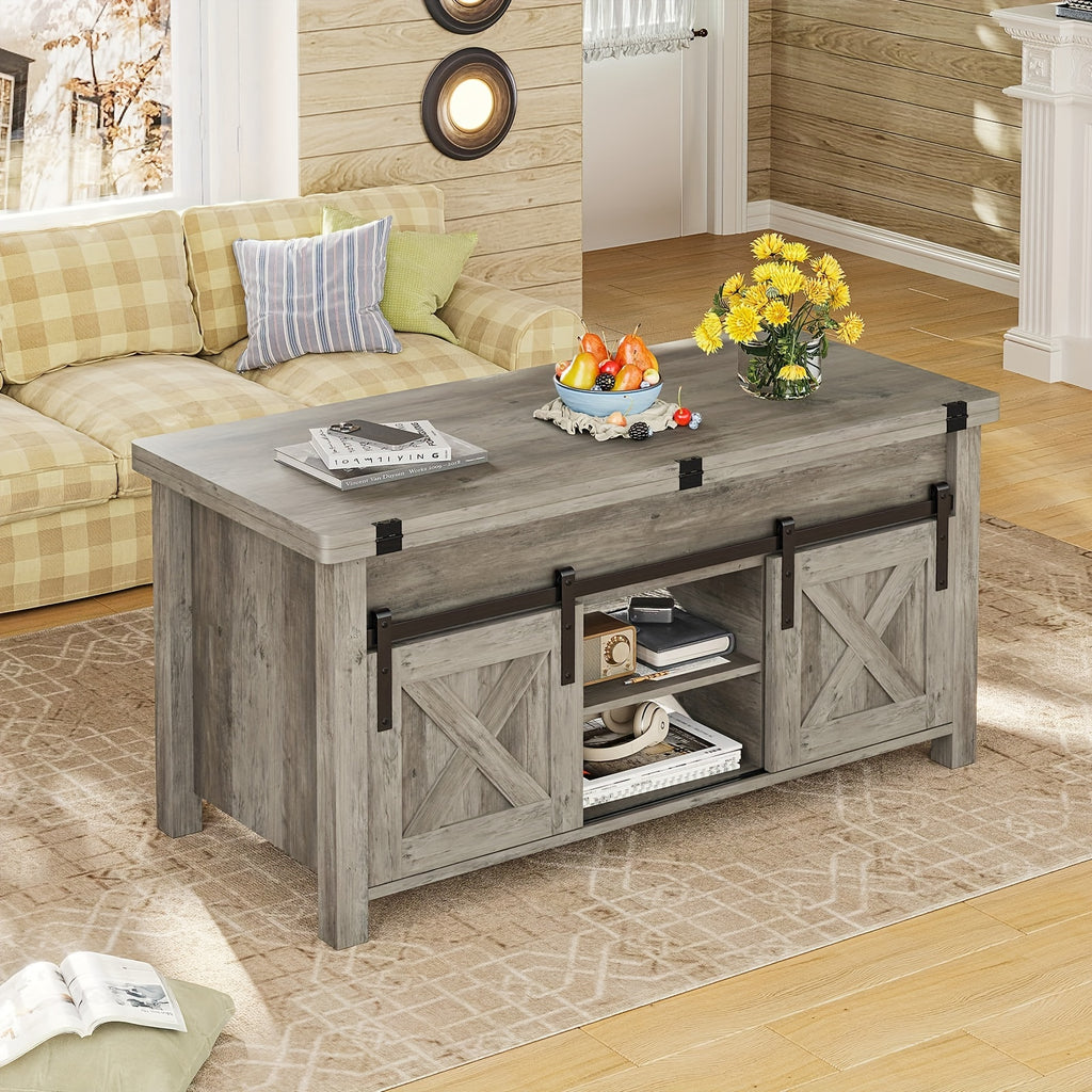 Farmhouse Lift Top Coffee Table with Hidden Compartments And Open Shelves, Center Table with Sliding Barn Door for Living Room Home Office, Light Oak Gray