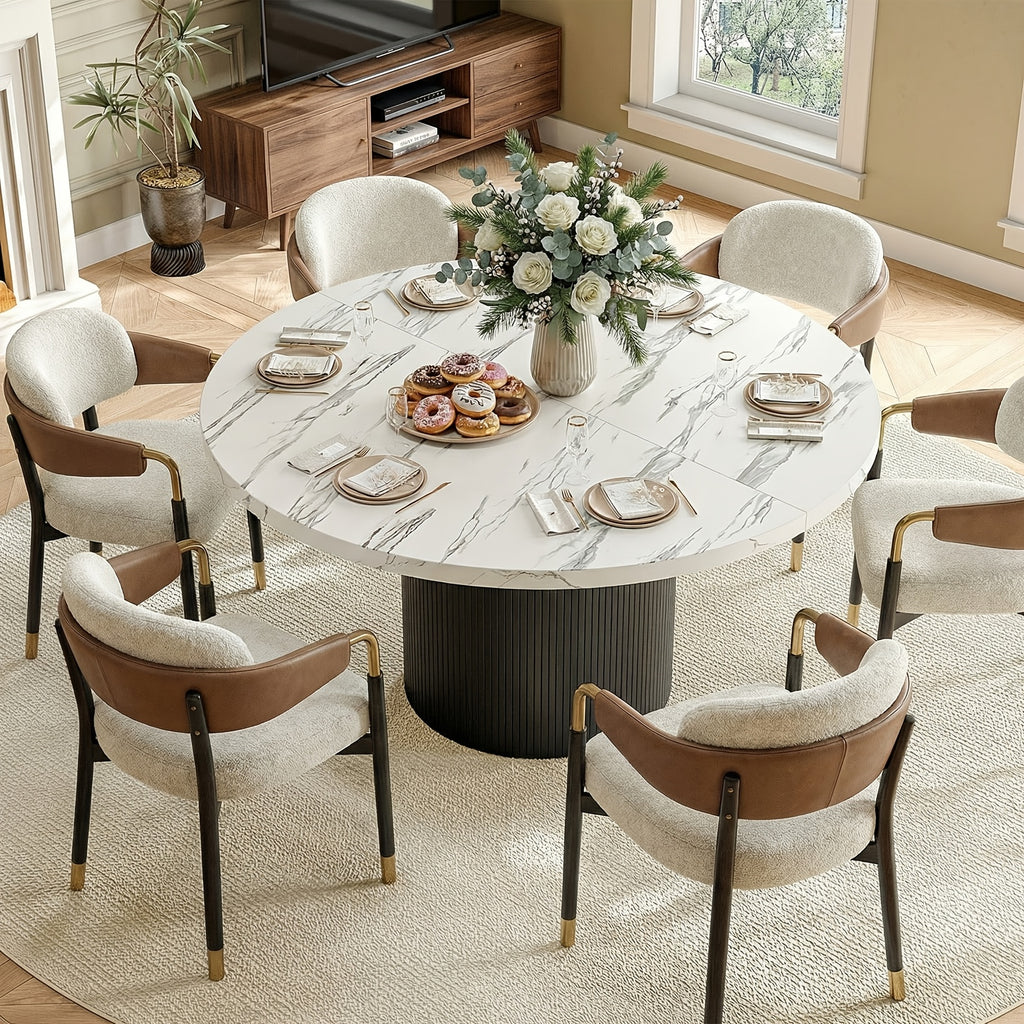 47 Inch Round Dining Table for 4, Circle Kitchen Table with Wood Strip Base, Modern Farmhouse Dinner Tables for Kitchen, Living Room Walnut/Black