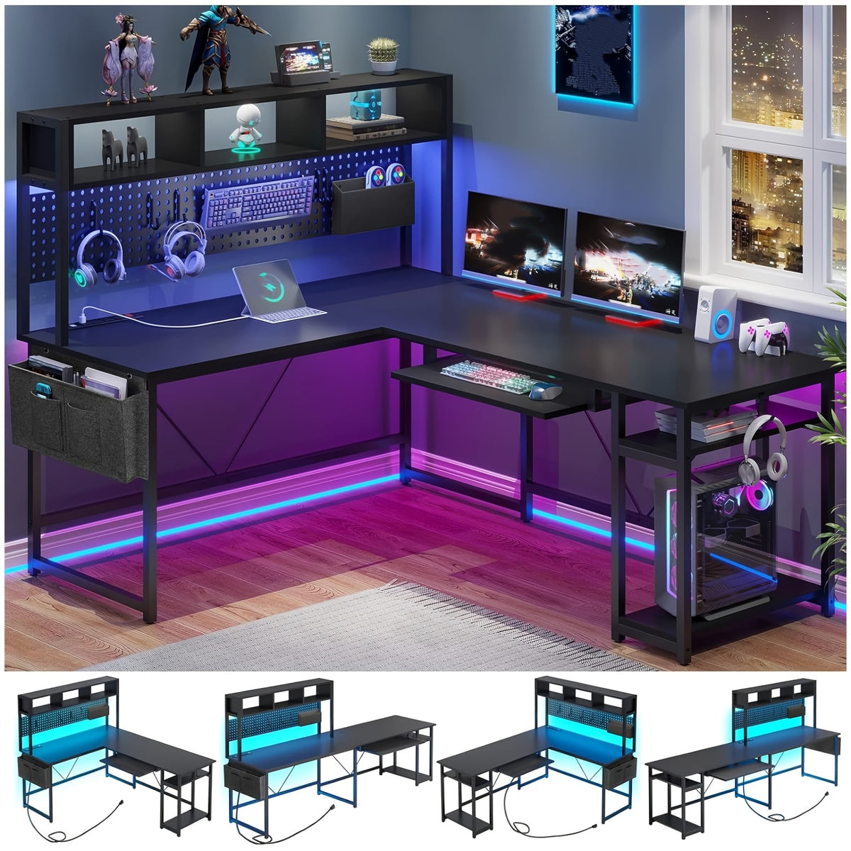 L-Shaped Gaming Desk, Reversible from a 67-Inch Corner Setup to a 94.5-Inch Two-Person Workstation