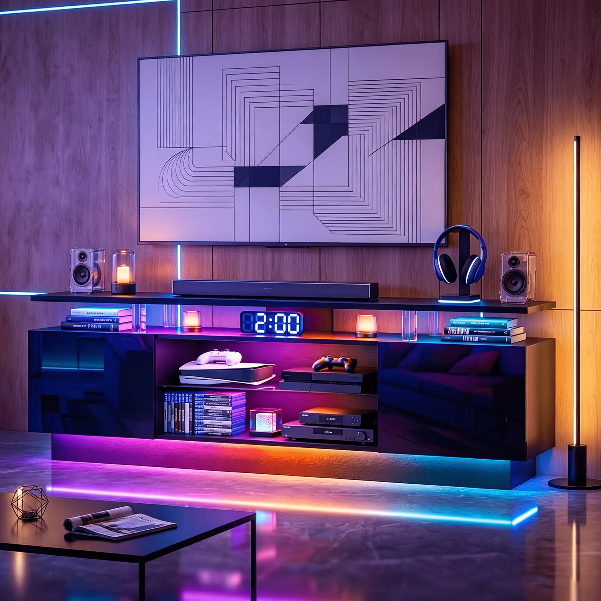 72"/82" High-Glossy TV Stand With 2 Side Cabinets, Modern Stylish TV Console With 3 Layer LED Lights, Gaming TV Media Console With Adjustable Glass Shelf, Black