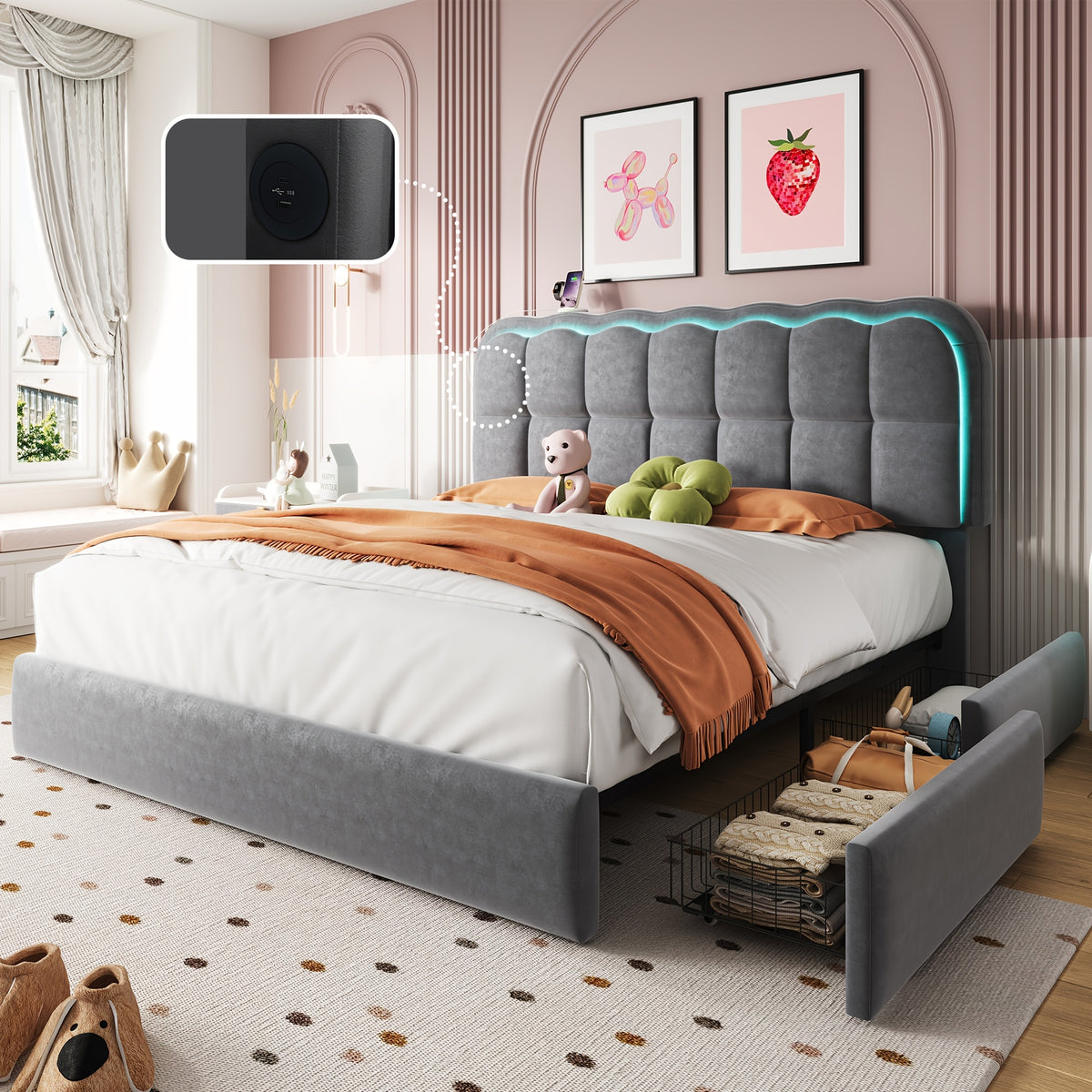 MRAEER Twin/Full/Queen Bed Frame | LED Lighting, 2/4 Storage Drawers, Cloud-Style Soft Headboard, Velvet Modern Platform Bed, Mattress Not Required, Halloween/Christmas Gift, White/Pink/Grey, Hardwood and Metal Construction