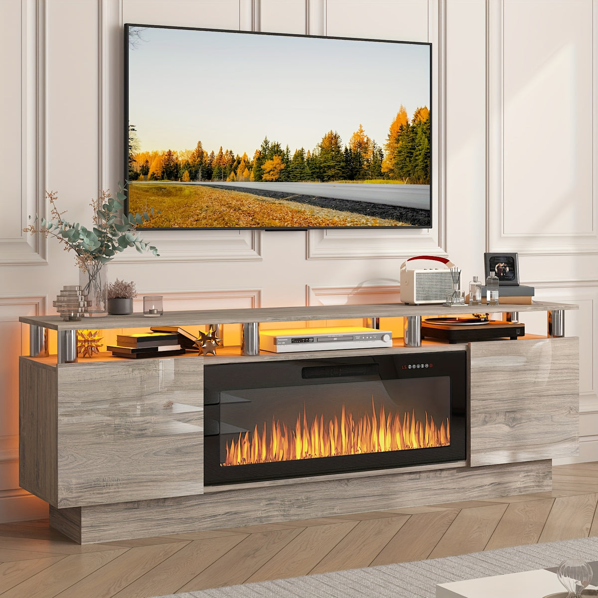 TV Stand with 36" Electric Fireplace, 70" LED Light Entertainment Center with Storage, 2 Tier Modern Wood Media TV Console with Highlight Cabinet for Living Room