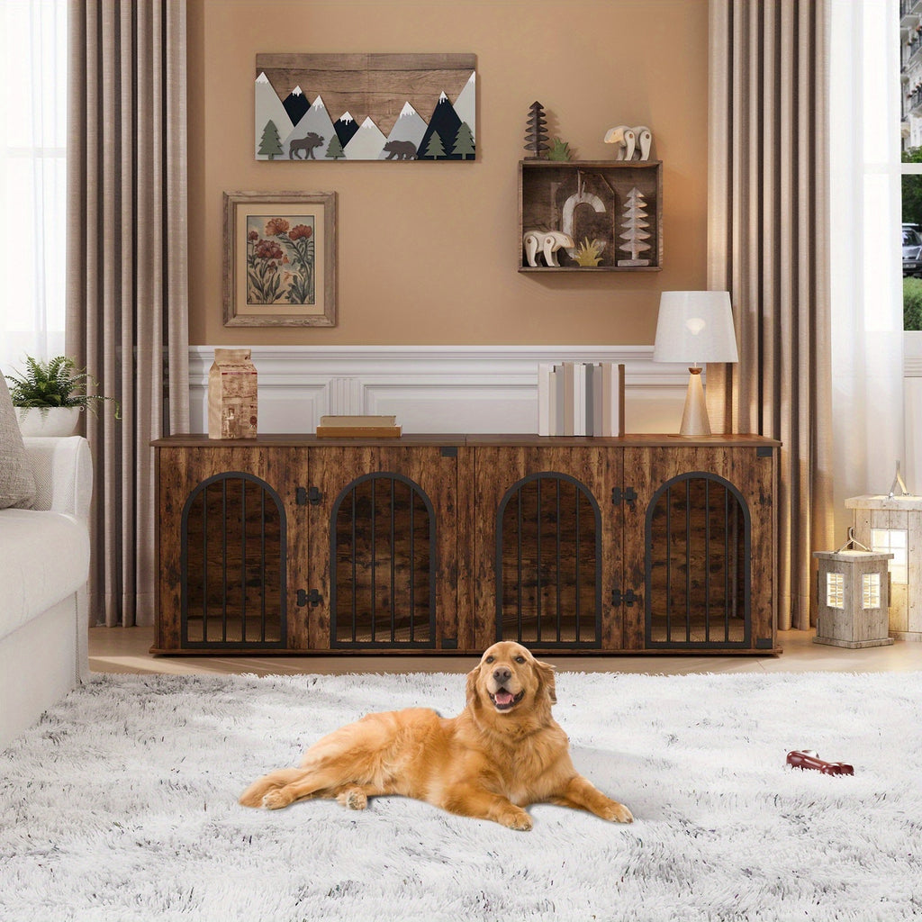 71" Heavy Duty Dog Kennels | Wooden Dog Crate Furniture for 2 Dogs, Small/Medium/Large, with Divider, Pads, Side Table, TV Cabinet, Anti-Chew, Anti-Escape, Black Golden/Greige/White/White Brown - HZUANERI