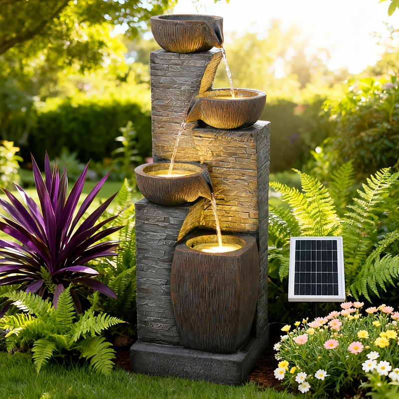 Solar Outdoor Water Fountain, 38.2-Inch 4-Tier Cascading Bowls and Stacked Stones with LED Lights