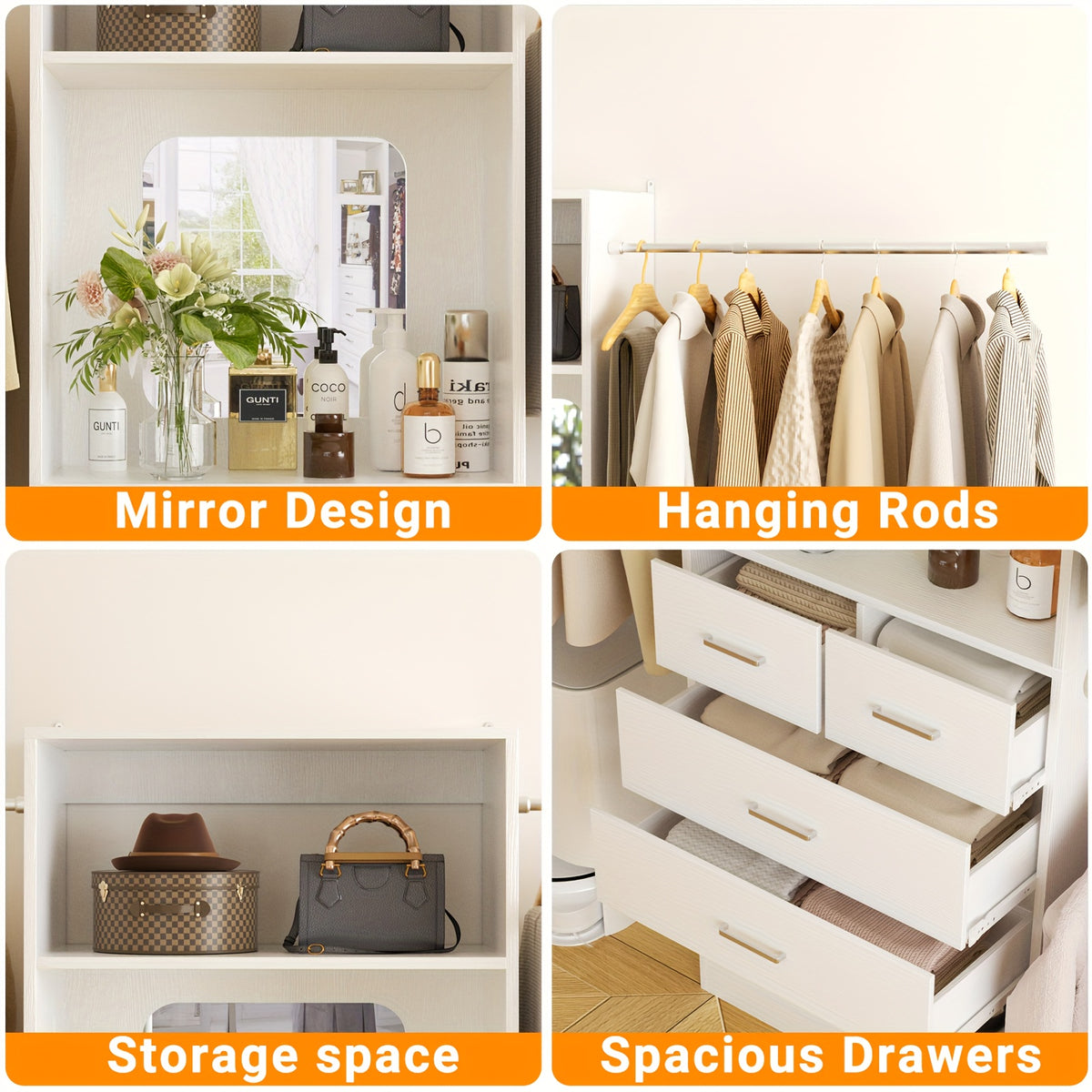 Besiost Closet Systems, 6-14ft Walk In Closet Organizer with 8 Drawers And Mirror, 168" Large Wood Closets Insert with Tower, Sturdy Wardrobe Closets Garment Rack with Extendable Hanging Rods, White