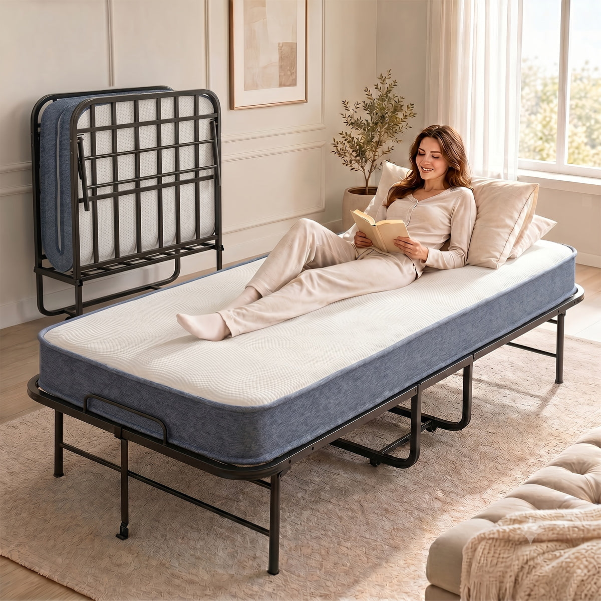 38In/31In Folding Bed with Foam Mattress Rollaway Bed, Space-Saving Guest Bed with Headboard, Portable Foldable Extra Bed for Adults with Sturdy Metal Frame