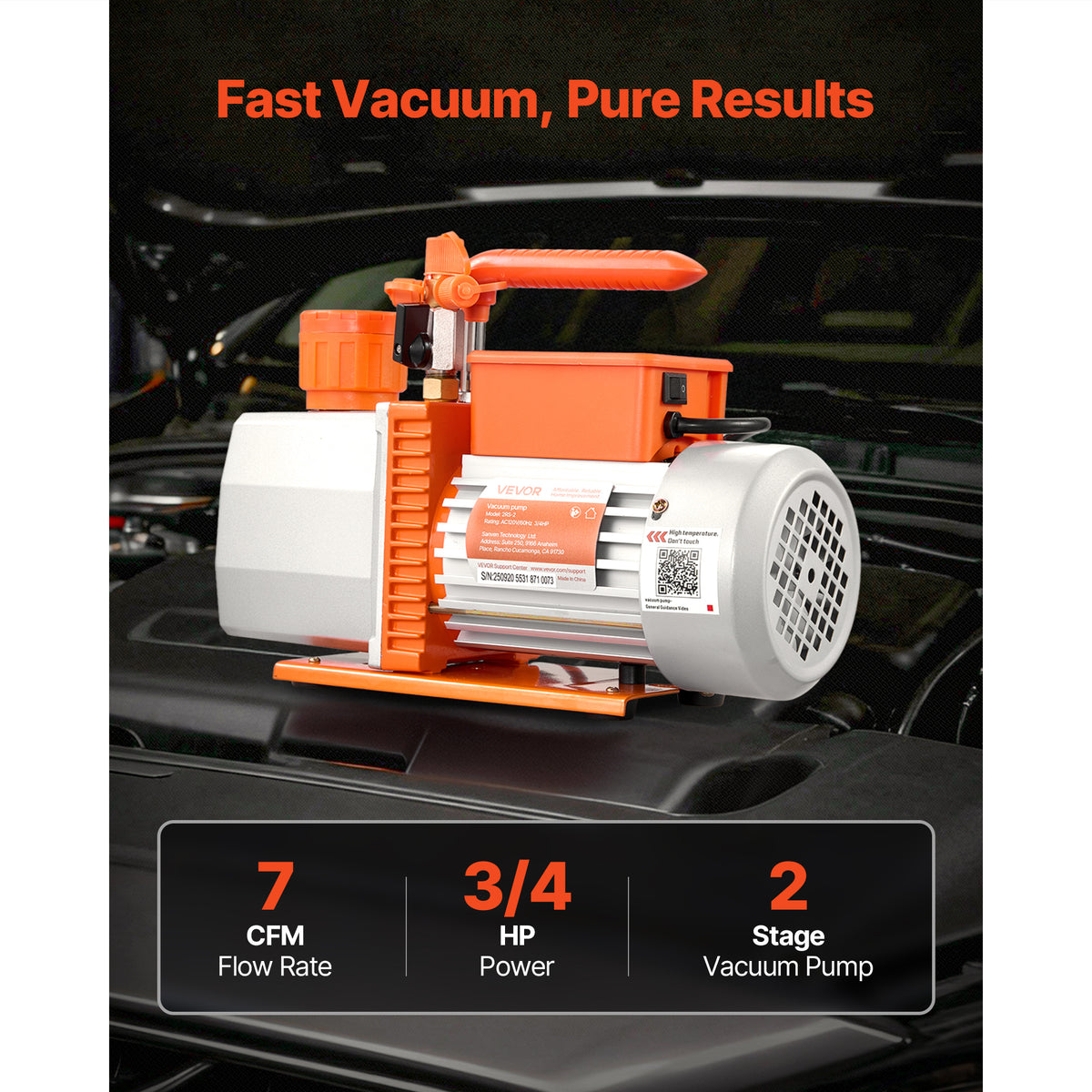 VEVOR Vacuum Pump, 7 CFM 3/4 HP, HVAC Two Stage Rotary Vane AC Vacuum Pump, for R22 R410a R1234YF R32, 4 Pole Motor, for Automotive Air Conditioner Maintenance Resin Degassing, Oil Included