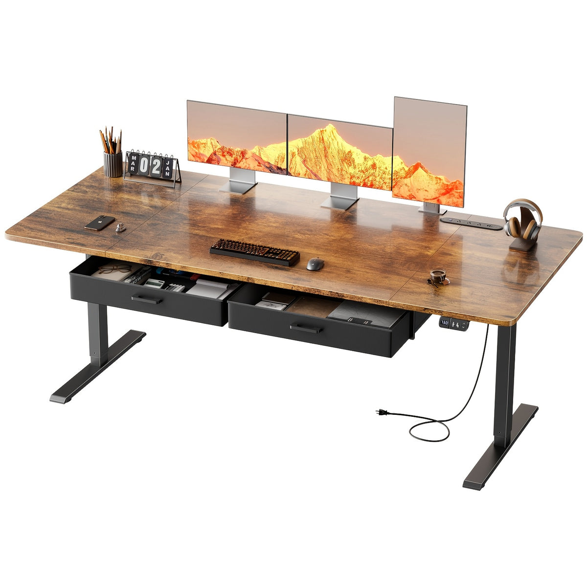 Electric Standing Desk with Dual Drawers and Built-In Power Panel for Home Offices and Gaming Setups