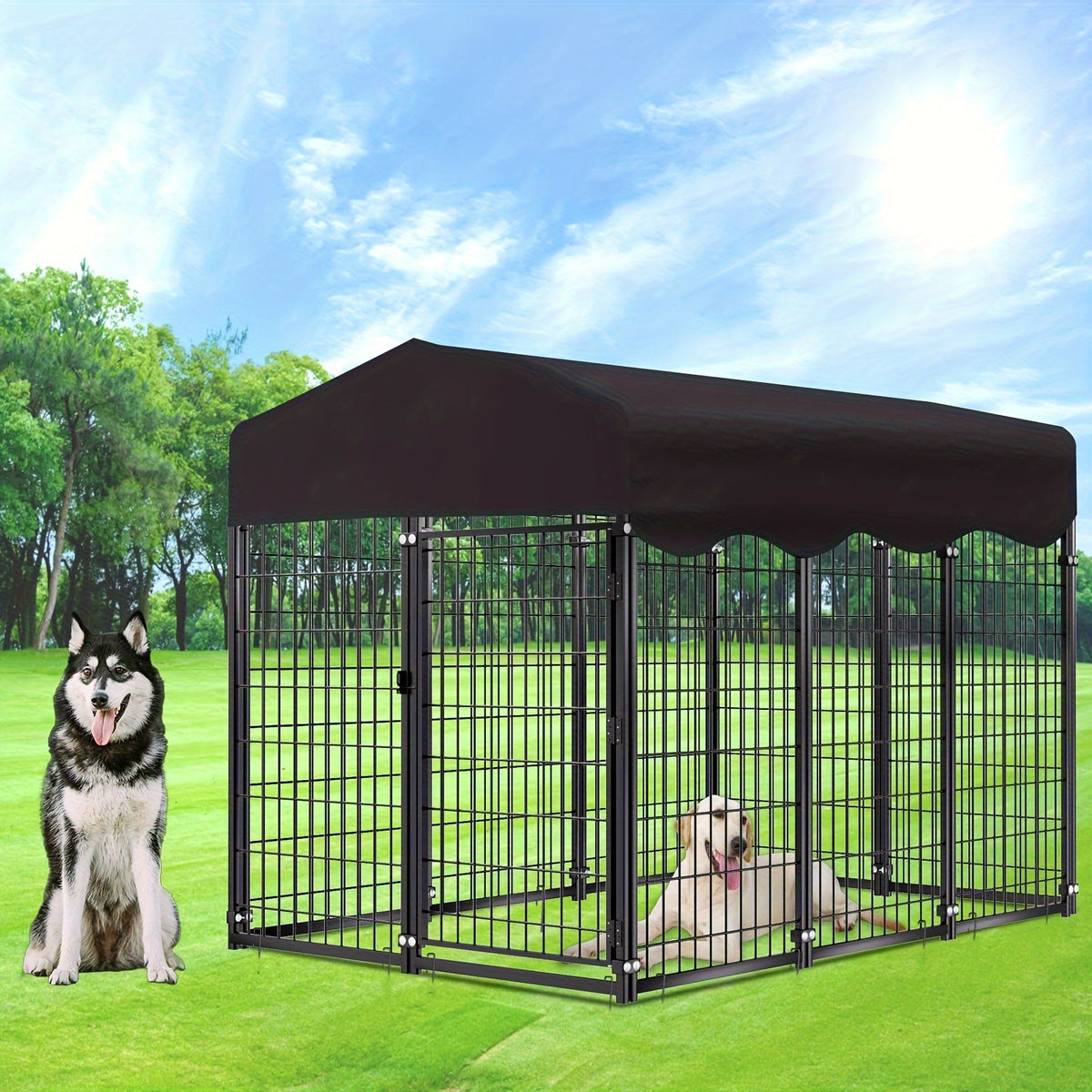 Outdoor Pet Enclosure for Dogs and Poultry, Stainless Steel Shelter with Canopy and Locking Gate