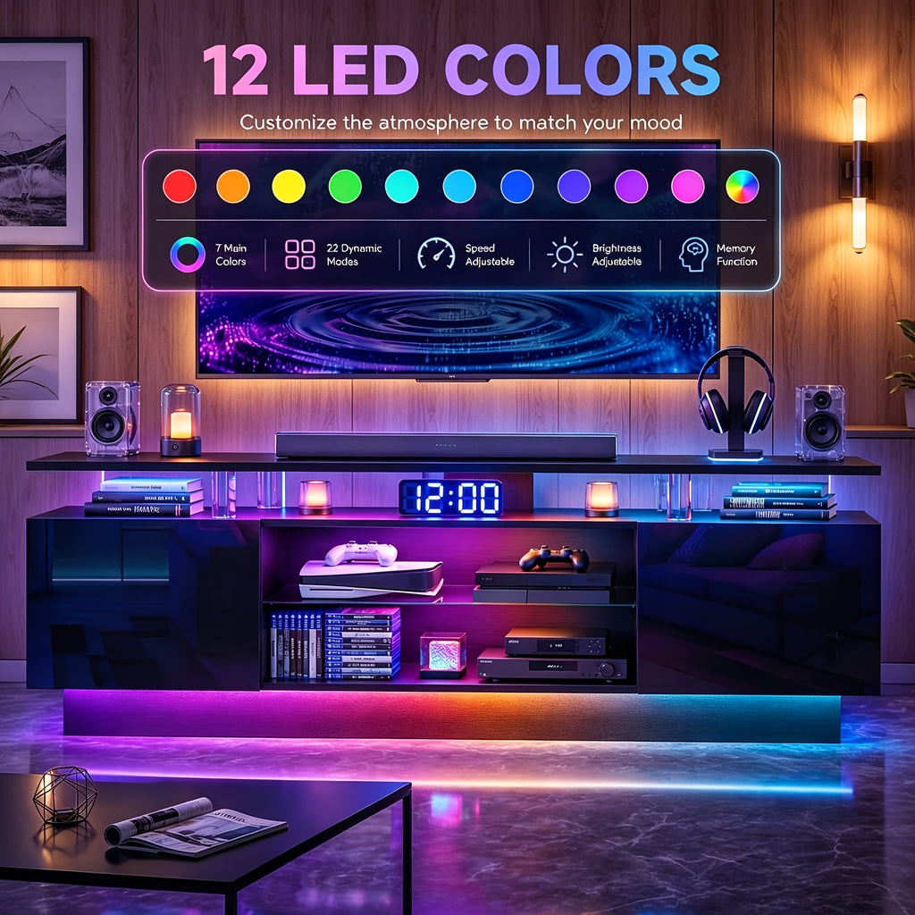 72"/82" High-Glossy TV Stand With 2 Side Cabinets, Modern Stylish TV Console With 3 Layer LED Lights, Gaming TV Media Console With Adjustable Glass Shelf, Black