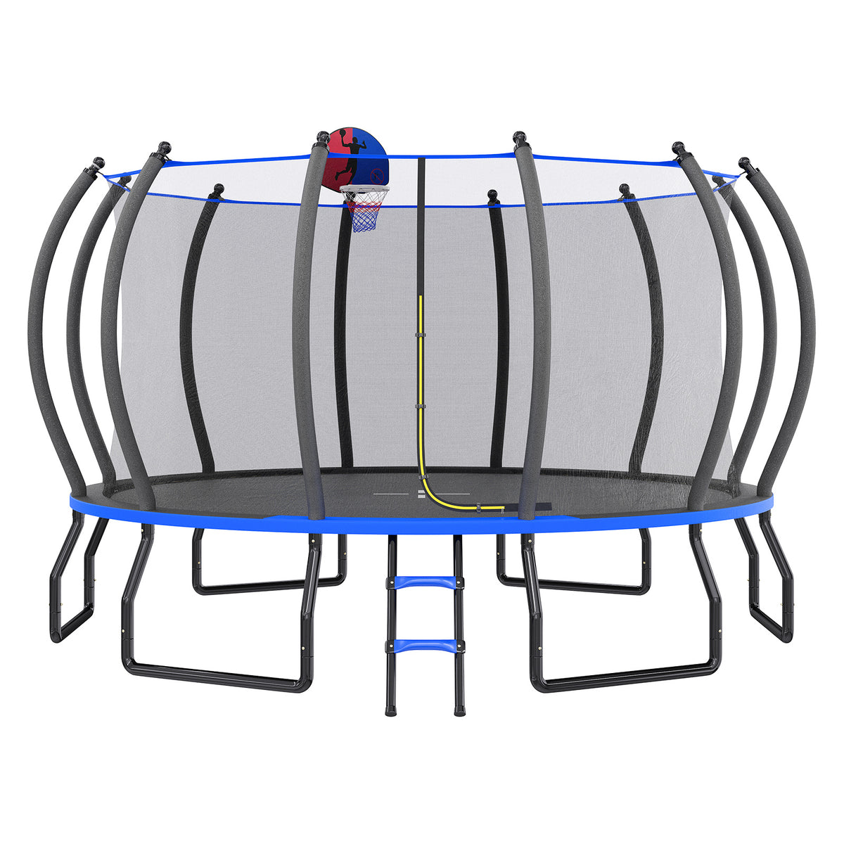 Indoor Outdoor Trampoline for Teenagers, 8ft/10ft/12ft/14ft/15ft/16ft with Safety Enclosure Net, Pop-up Quick Connector Frame, Basketball Hoop Optional, Includes Ladder, Blue/Black Backyard Jumping Trampoline