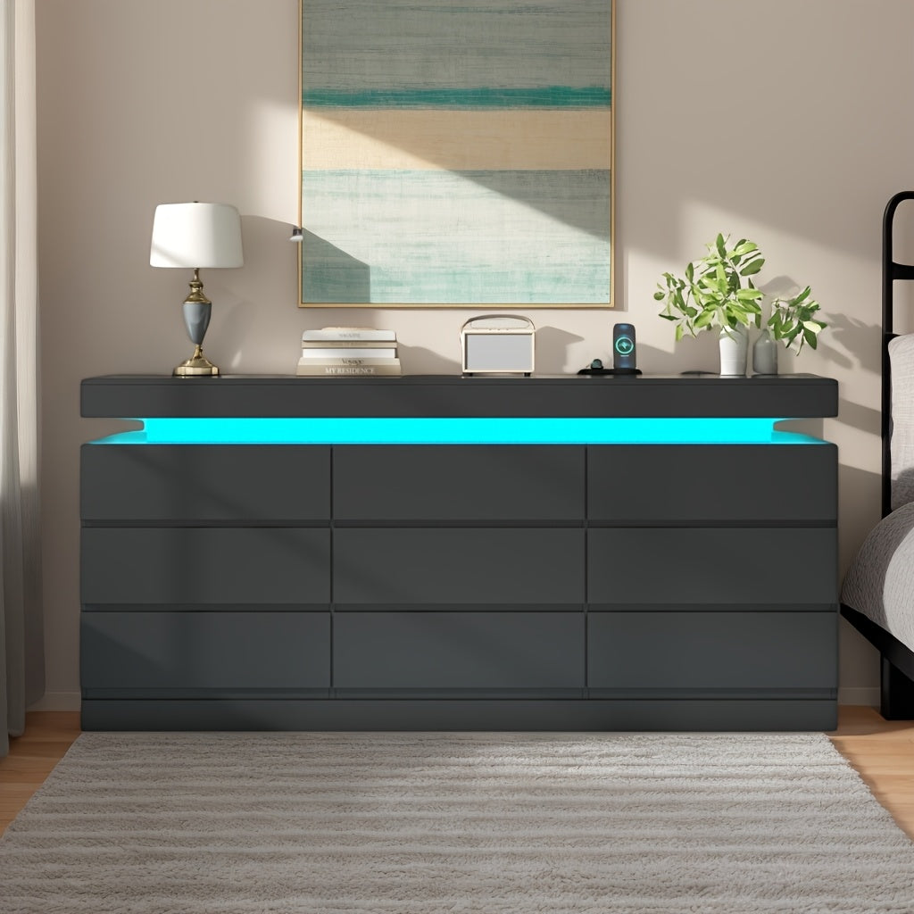 Dresser for Bedroom, Closet Organizers And Storage, Large Modern Chest Of Drawers with Handle Free, Dresser for Bedroom with 9 Deep Storage Drawers, Freestanding Long Dressers with Charging Station & LED Lights, Storage Drawer Units