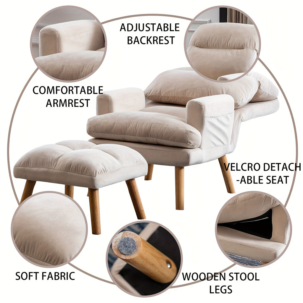 Home Furniture, Modern Style Single Sofa Chair with Ottoman, Adjustable Backrest And Side Pockets, Suitable for Living Room And Bedroom