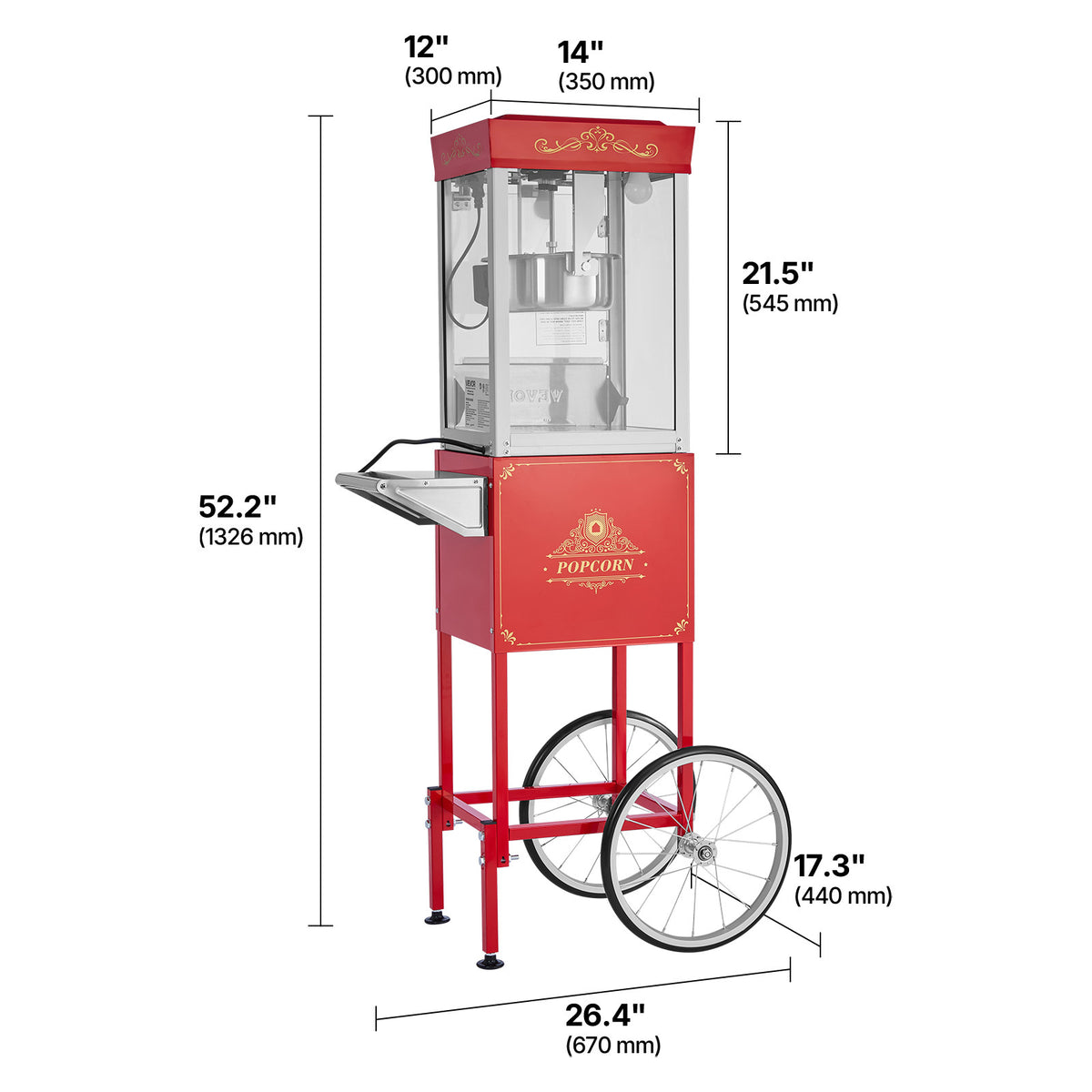 VEVOR Popcorn Machine with Cart Popcorn Popper Maker 800W 8oz Kettle 48 Cups Black/ Red/ White