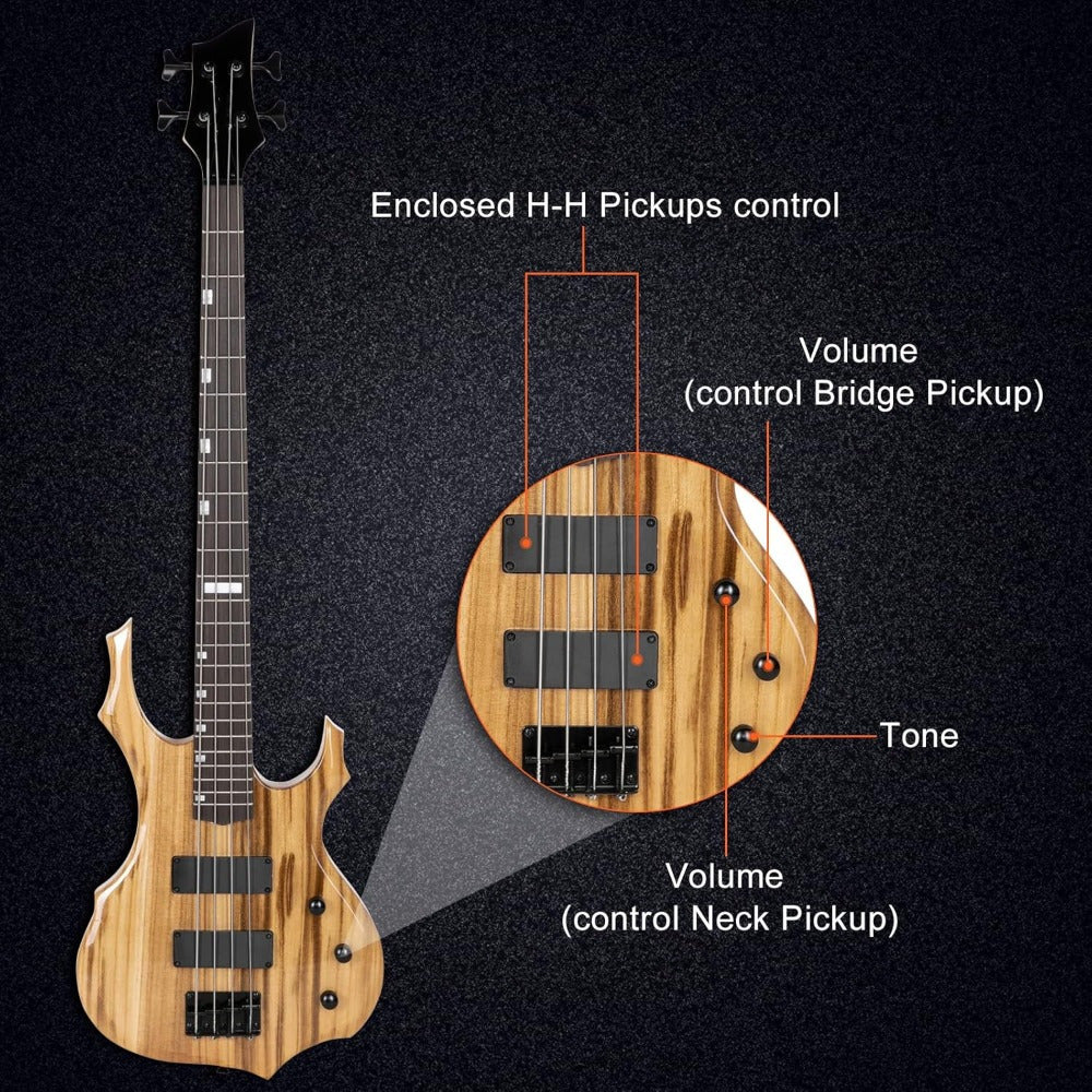[Bass Guitar Set] Electric Bass Guitar Full Size Flame Design Bass Set with 20 Watt Amplifier, Portable Bass Bag, Superior Amp Wire, Adjustable Guitar Strap, Plectrum, Wrench Tool