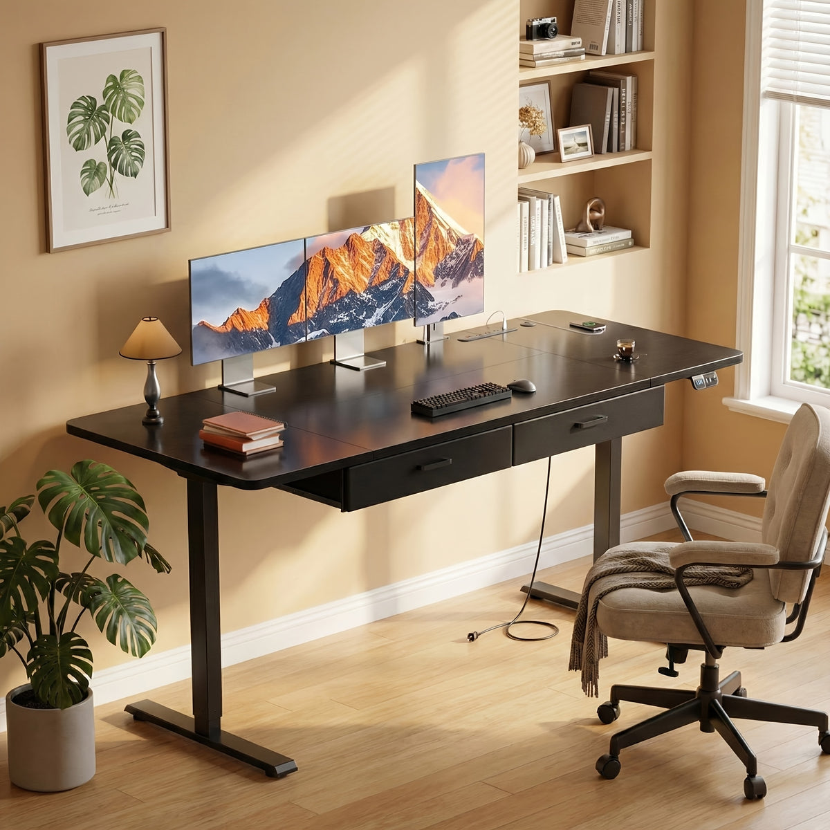 Large Electric Standing Desk, Height Adjustable Copmuter Desk, Stand Up Gaming Office Table with 2 Hooks, for Home Office, Adults