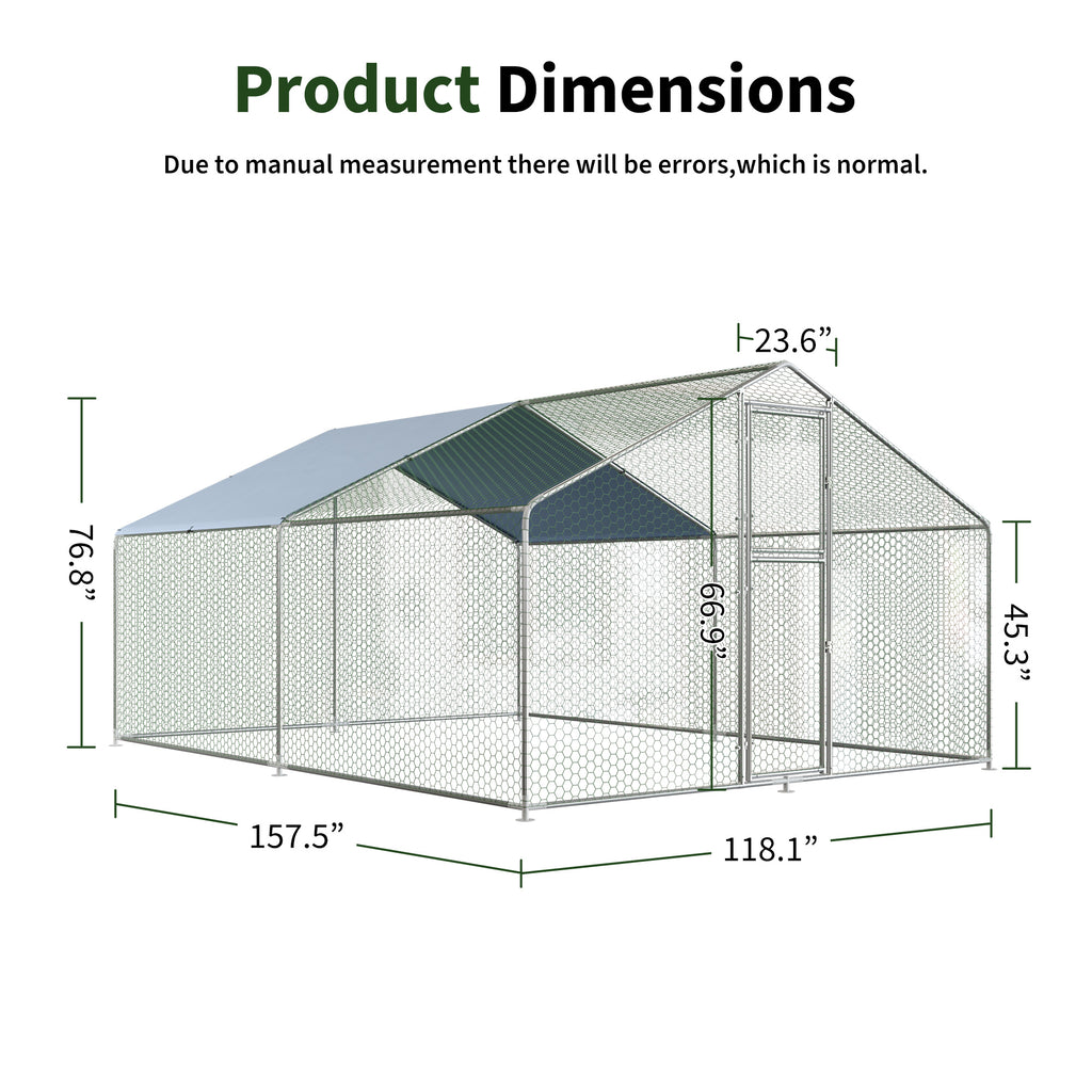 Walk-In Chicken Run with Feeding Port and UV-Resistant Cover, Galvanized Outdoor Poultry Enclosure