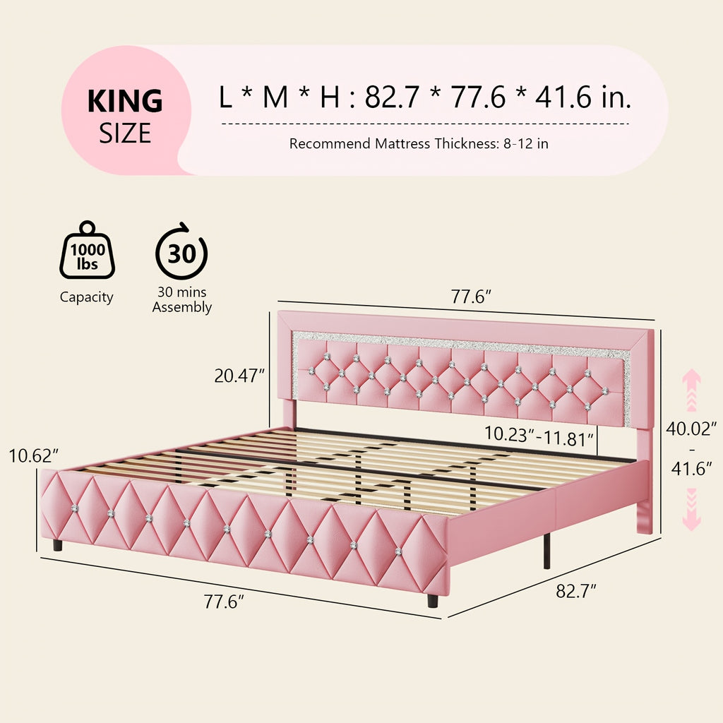 HOMBCK Twin Full Queen King Bed Frame, Padded Platform Bed with Button Tufting Headboard, Princess Platform Bed with Diamond Design, Halloween Decoration, Wooden Strip Support, No Spring Box Needed, Easy to Assemble, Pink/White/Black/Beige