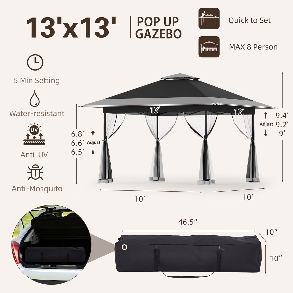 Pop Up Gazebo with Mosquito Netting – Easy 1-Person Setup, Water-Resistant Backyard Canopy for Family Patio & Garden Use