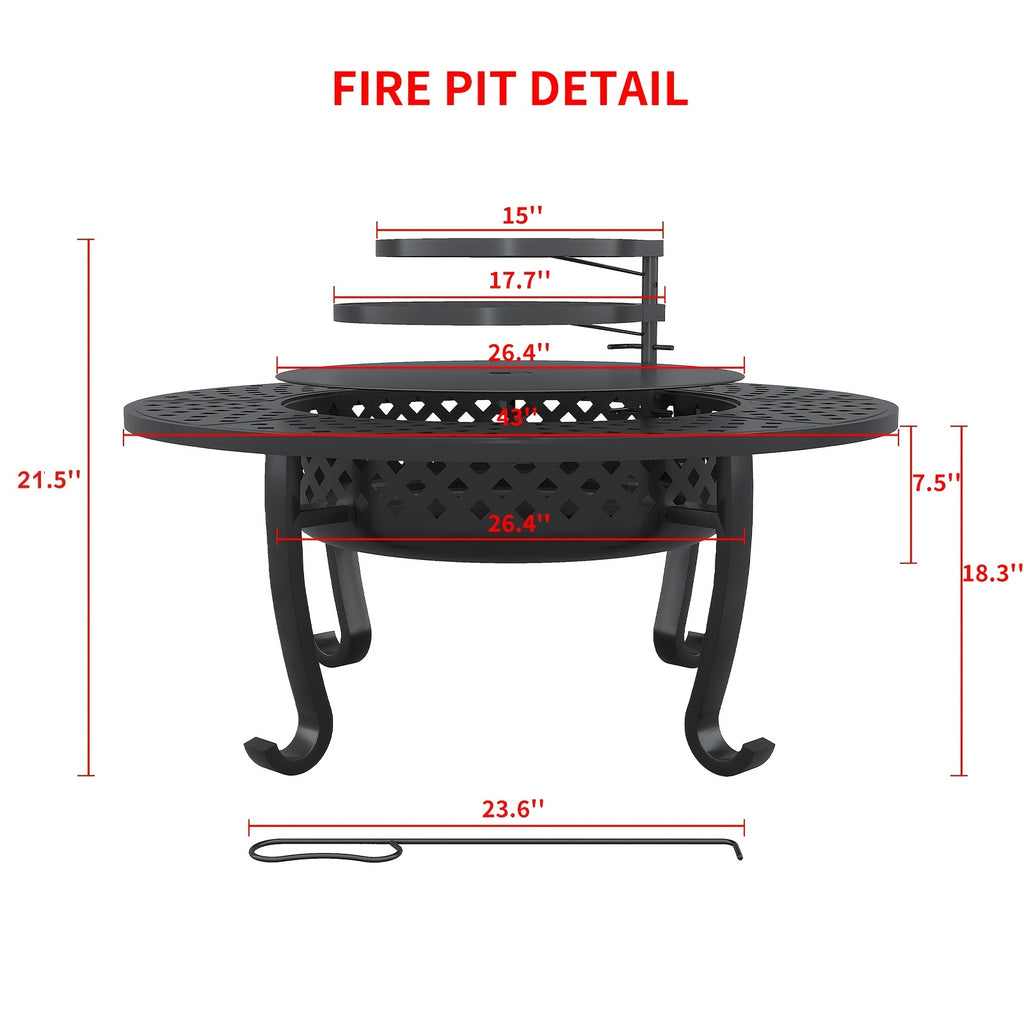 43 Inch Fire Pit with 2 Grills, Outdoor Wood Burning Firepit with Lid, Metal Round Table for Backyard Patio Garden Picnic Camping Bonfire