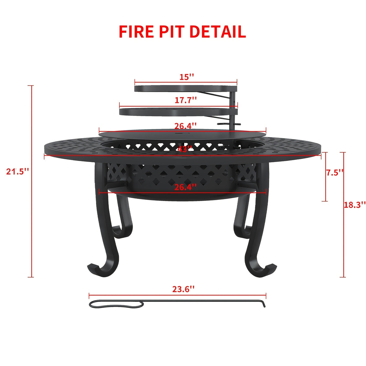 43 Inch Fire Pit with 2 Grills, Outdoor Wood Burning Firepit with Lid, Metal Round Table for Backyard Patio Garden Picnic Camping Bonfire