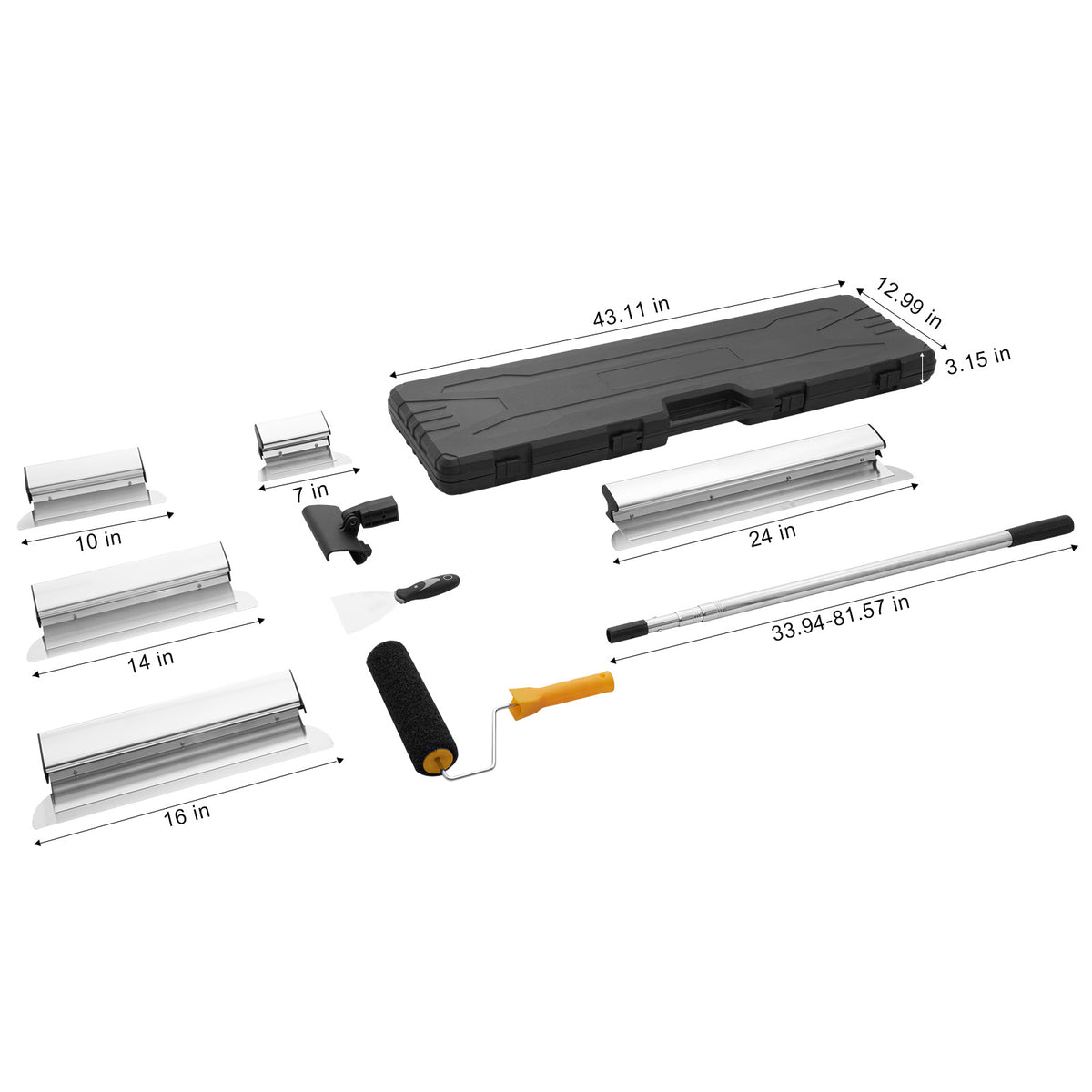 VEVOR Drywall Skimming Blade Set, 7/10/14/16/24 in Skimming Blades + 34 - 81.6 in Extension Handle Pole, Stainless Steel Knife Professional Skim Coat Tools, for Gyprock/WallBoard/Plasterboard