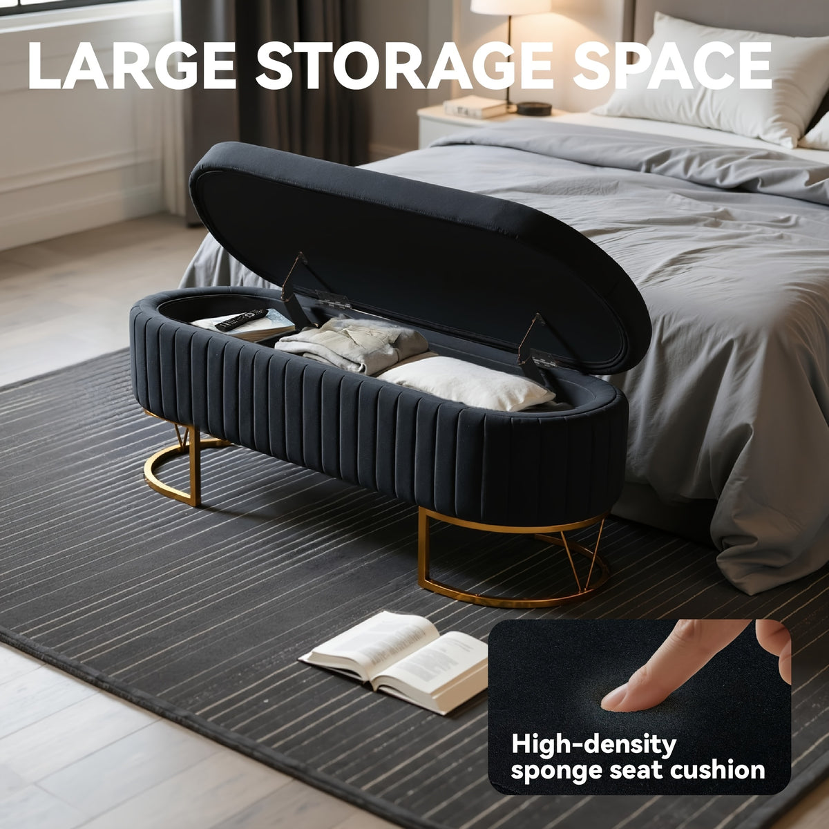 Modern 46”/46.5” (depending on orientation) Oval Velvet Storage Bench with Hinged-Lid Mechanism & Flip-Top Lid - Plush Upholstered Ottoman for End of Bed, Entryway, Living Room - Wood Frame & Luxury Design, Space-Saving Furniture (Standalone)