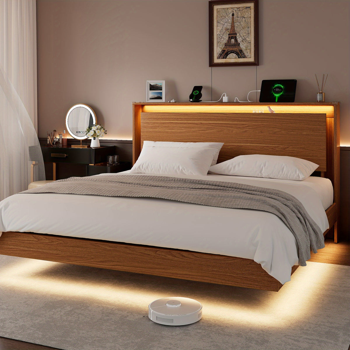 Floating Bed Frame with LED Lights & Charging Station, Heavy Duty Metal Support Frame, Easy Assembly, Bed Frame Without Mattres