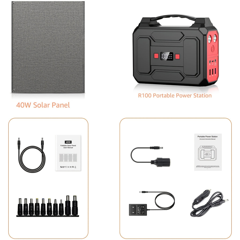 [Outdoor Camping Easter Gif] 100W 146Wh Portable Power Station Solar Generator with Foldable Solar Panel Charger, Laptop Phone Backup Battery Power Bank with AC, DC USB USB-C Output And LED Light for Outdoor Camping Traveling Adventure RV Trip Home Emerge