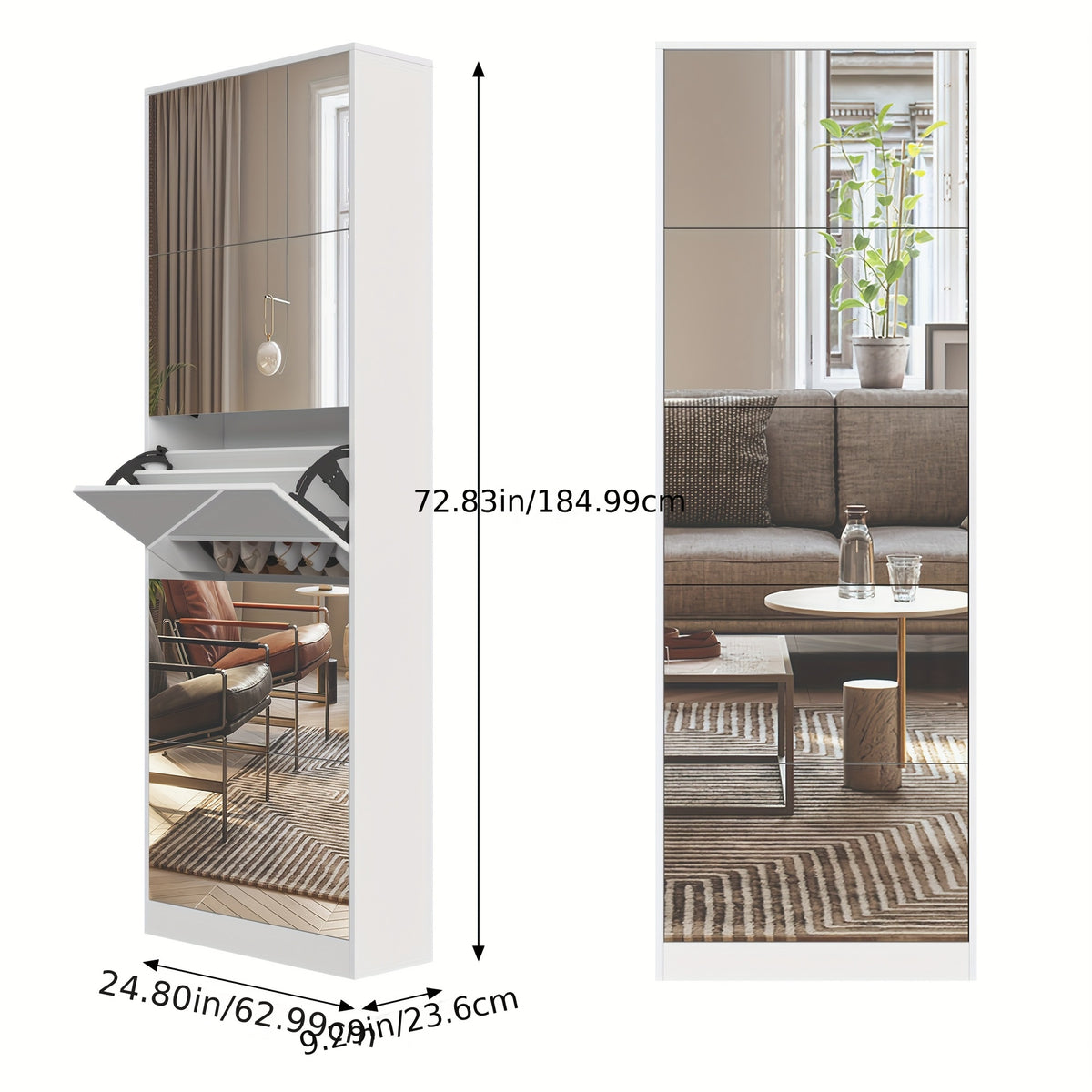 Shoe Storage Cabinet with Five Flip Mirrored Drawers and Double Rack for Entryway Organization