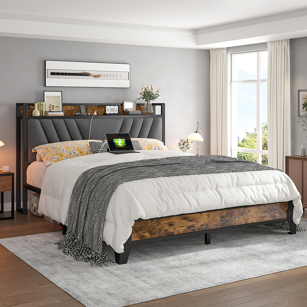 Queen/King Size Bed Frame with 6 Storage Large Drawers Forbedroom, Modern Bed Frame And Open Storage Headboard with Fast Charging Station, No Noise, No Box Springs Needed, Black, Easy Assembly, 2pcs Nightstand with 4 Fabric Drawer Sold Separately