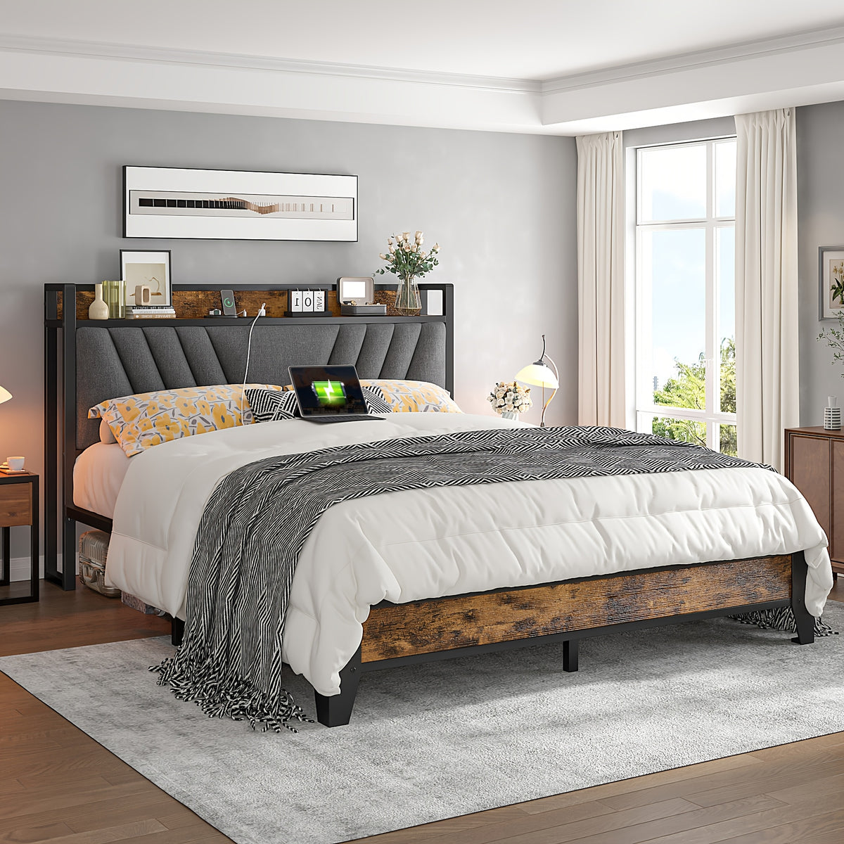 Queen/King Size Bed Frame with 6 Storage Large Drawers Forbedroom, Modern Bed Frame And Open Storage Headboard with Fast Charging Station, No Noise, No Box Springs Needed, Black, Easy Assembly, 2pcs Nightstand with 4 Fabric Drawer Sold Separately