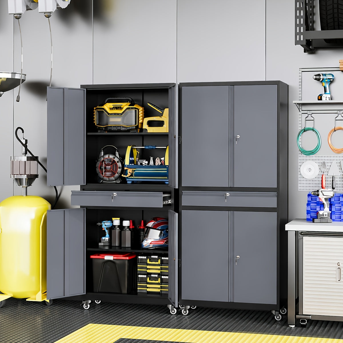 73" Heavy-Duty Steel Garage Storage Cabinet with Lockable Doors & 4-Wheel Mobility System, 1-Drawer Tool Cabinet with Spacious Work Surface - Modern Floor-Standing Design for Home Garage Organization, Workshop Storage, Assembly Required (Locks Not Include